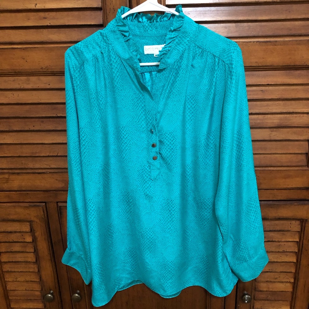 Women's ⭐️ Britt Ryan Turquoise Long Sleeved Ruffled Neck Blouse - Size Large